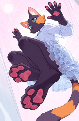 4_toes 5_fingers abstract_background anthro blue_eyes bottomwear clothing feet female fingers frilly frilly_clothing fur looking_at_viewer low-angle_view midair multicolored_body multicolored_fur pawpads shirt skirt smile solo tail toes topwear translucent translucent_clothing whiskers white_bottomwear white_clothing white_shirt white_skirt white_topwear loren_iipsum domestic_cat felid feline felis mammal hi_res