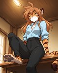4_toes anthro barefoot bottomwear breasts brown_body brown_fur brown_hair chest_tuft claws cleavage clothed clothing countershading digitigrade feet female fur furniture hair inside long_hair looking_at_viewer multicolored_body multicolored_fur orange_body orange_fur pants pawpads paws raised_leg shirt sitting smile solo striped_body striped_fur stripes table toes tom_fischbach topwear tuft webcomic white_body white_fur window yellow_eyes anontk twokinds flora_(twokinds) webcomic_character felid keidran mammal pantherine tiger 2021 hi_res