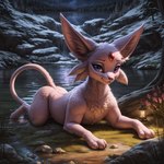 all_fours canine_snout detailed_background ears_up feral flower fur lake lamp lantern looking_at_viewer lying on_front pink_body pink_fur plant quadruped smile smiling_at_viewer violet_eyes waterfall birdlover eeveelution espeon generation_2_pokemon pokemon_(species) absurd_res hi_res