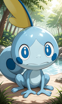 2_toes 3_fingers blue_body blue_eyes feet fingers forest looking_at_viewer plant pond sitting_on_ground solo tail toes tree water yiff_ai_(director) nintendo pokemon amphibian generation_8_pokemon pokemon_(species) sobble hi_res