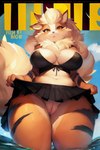 anthro arcanine bikini bikini_top black_bottomwear black_clothing black_skirt black_stripes bodily_fluids bottomwear breasts canid clothed clothing clothing_lift cover female fur generation_1_pokemon genital_fluids genitals hi_res low-angle_view magazine magazine_cover mammal nafa no_underwear orange_body orange_fur partially_submerged pleated_skirt pokemon_(species) presenting presenting_pussy pussy pussy_juice skirt skirt_lift slightly_chubby solo stripes swimwear upskirt water