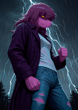 anthro bottomwear clothing coat denim denim_clothing female fist hair jeans lightning mythology pants plant purple_clothing purple_hair raining sad shirt solo t-shirt topwear torn_bottomwear torn_clothing torn_jeans torn_pants tree trenchcoat waterdrop wet wet_clothing wet_hair white_clothing white_shirt white_t-shirt white_topwear yellow_sclera loren_iipsum deltarune undertale_(series) susie_(deltarune) dragon mythological_creature mythological_scalie scalie hi_res