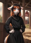 ambiguous_gender anthro barn black_clothing black_dress black_hair blue_eyes bovid caprine clothing dress goat hair hands_on_hips hay hi_res horn icefoxai long_hair mammal open_mouth orange_hair pink_nose seductive solo white_ears