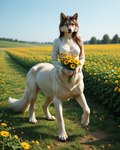 bouquet brown_hair clothing female flower flower_bouquet flower_field fur grass hair long_hair plant raised_leg solo sunflower tail topwear white_body white_clothing white_fur white_topwear nealime canid canine canis mammal taur wolf hi_res