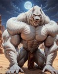 abs anthro biceps big_muscles bottomwear bulge clothed clothing cloud desert full_moon fur hands_on_ground huge_muscles loincloth looking_at_viewer male moon muscular night nipples open_mouth pecs pinup pose sharp_teeth solo teeth topless veiny_muscles white_body white_fur yellow_eyes yellow_teeth vanzilen van_helsing_(werewolf) canid canine canis mammal were werecanid werecanine werewolf wolf hi_res