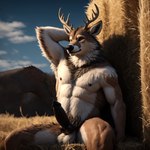 absurd_res anthro antlers balls canid canine canis cervid farm genitals hay hay_bale hi_res horn hybrid hybrid_genitalia knot male mammal nipples pecs penis pup_tobey solo unusual_anatomy unusual_genitalia wolf