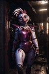 absurd_res accessory animatronic anthro arms_by_side avian beak blood bodily_fluids bow_ribbon creepy dark_theme doorway ear_piercing ear_ring excessive_blood female five_nights_at_freddy's five_nights_at_freddy's:_security_breach front_view glamrock_chica_(fnaf) head_tilt hi_res looking_at_viewer machine open_mouth piercing ring_piercing robot sharp_teeth shoulder_pads smile solo tamrad teeth