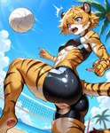 abs anthro athletic ball beach blue_eyes blush bodily_fluids bottomwear breasts clothing cloud crop_top day fangs female genitals hair open_mouth palm_tree plant pussy raised_leg sea seaside shirt short_hair shorts small_breasts solo sport striped_body stripes surprised_expression sweat topwear tree volleyball wardrobe_malfunction water vvartech felid mammal pantherine tiger