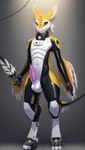 absurd_res animal_genitalia anthro avali avian balls bird chest_tuft clothing collar cyberpunk digimacska17 fur future genitals grey_body grey_fur hair hi_res looking_at_viewer male multicolored_body navel nude orange_eyes penis sheath smile solo space tapering_penis tuft white_body white_fur