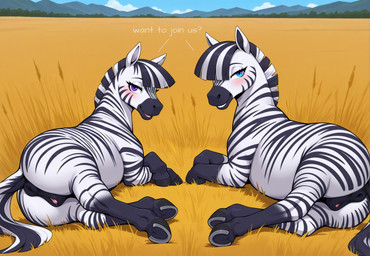 animal_genitalia animal_pussy anus blue_eyes detailed_background duo equine_anus equine_genitalia equine_pussy female female/female feral genitals hair hooves looking_at_viewer looking_back lying lying_on_side presenting purple_eyes pussy savanna short_hair side_by_side smile stripes tail teeth text elviola9029 equid equine mammal zebra hi_res