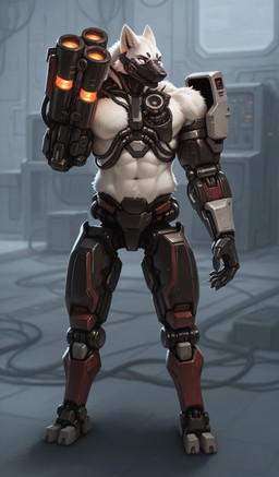 anthro cybernetics fur glowing glowing_eyes gun implants_(disambiguation) machine male mask plasma_gun prosthetic prosthetic_arm prosthetic_leg prosthetic_limb ranged_weapon red_eyes solo weapon white_body white_fur stripedwatermelon helldivers canid canine canis cyborg mammal hi_res