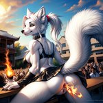 anthro bottomwear bra clothed clothing collar crowd exhibitionism fart female fire fire_fart genitals group public public_exposure pussy raised_tail skimpy skirt solo underwear reyneke karui arctic_fox canid canine fox mammal