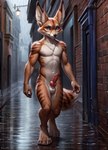 alley animal_genitalia animal_penis anthro blue_eyes canid canine_genitalia canine_penis city city_background ears_up erection fur genitals junothewoofer knot looking_at_viewer male mammal multicolored_body multicolored_fur nipples nude penis raining sheath smile solo two_tone_body two_tone_fur vulpera