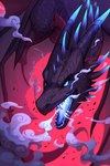 belly black_body black_scales blue_eyes fangs feral flying glowing glowing_mouth grey_belly horn hunting male open_mouth scales smoke smoke_from_mouth solo spines teeth wings loganth dragon hi_res