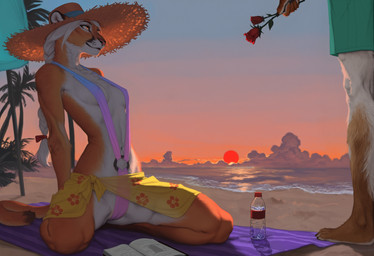 accessory amber_eyes anthro athletic athletic_female barefoot beach beach_background beach_towel beverage bikini biped book bottle bottomwear bow_ribbon braided_hair breasts brown_body brown_fur camel_toe claws clothed clothing cloud container detailed_background duo faceless_character feet female finger_claws flower fur hair hair_accessory hat headgear headwear holding_object kneeling long_hair looking_at_another male male/female markings multicolored_body multicolored_fur navel nipples one-piece_swimsuit open_book orange_body orange_fur orange_sky outside palm_tree plant ponytail red_ribbon ribbons rose_(flower) sand sea seaside skimpy sky sling_bikini smile solo_focus stripped_towel sunset swimming_trunks swimwear tail toe_claws toes topwear towel tree tuft two_tone_body two_tone_fur water white_body white_fur white_hair soloko canid canine cougar felid feline mammal digital_media_(artwork) hi_res