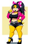 anthro black_clothing black_hair black_lipstick black_shirt black_topwear bracelet clothing emo female footwear hair high_heels highlights_(coloring) jacket jewelry lipstick makeup mario_(series) nintendo pink_clothing pink_highlights pink_jacket pink_topwear ponytail shirt simple_background solo spiked_bracelet spikes topwear koopaling wendy_o._koopa koopa scalie hi_res