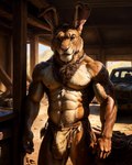 anthro big_bulge body_hair bottomwear brown_body brown_fur bulge clothing felid feline fur happy_trail hybrid keebler lagomorph leporid loincloth looking_at_viewer male mammal muscular navel pink_nose rabbit solo tribal white_body white_fur