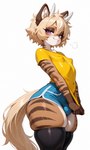 blue_bottomwear blue_clothing blue_shorts bottomwear clothing erect_nipples femboy horse_tail legwear lian(capybaraxeon) looking_at_viewer male markings nipples puffy_nipples purple_eyes shirt shorts simple_background solo striped_markings stripes thick_thighs thigh_highs topwear yellow_clothing yellow_eyes yellow_shirt yellow_topwear capybaraxeon domestic_cat equid felid feline felis hybrid mammal hi_res