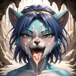 anthro blush bodily_fluids cave cum cum_on_face cum_string female front_view genital_fluids horn looking_at_viewer open_mouth presenting_mouth solo starfox tongue tongue_out ilovekrystal krystal canid canine fox mammal hi_res