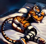 andromorph anthro bed butt claws eyes_closed feet felid fur furniture hermo intersex lying lying_on_bed mammal on_bed pantherine solo tiger