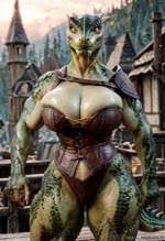 anthro armor big_breasts breasts cleavage clothed clothing female huge_breasts skindentation solo walking jfurryart605 argonian scalie animated hi_res webm