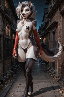 alley anthro armwear belly black_lips breasts camel_toe chest_tuft city claws clothing collar crotch_tuft elbow_gloves eyelashes eyeshadow female fingerless_gloves gloves grin hair handwear legwear lips long_hair makeup muscular_thighs navel night nipple_outline nipple_tape pasties paws prostitution red_sclera silver_hair slim_female small_breasts smile smug smug_face smug_look solo spiked_collar spikes tape teeth thick_thighs thigh_highs thong tuft underwear walking walking_towards_viewer white_eyes wide_hips chamir136_(director) helluva_boss loona_(helluva_boss) canid canine canis humanoid mammal wolf absurd_res hi_res