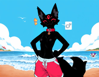 3_eyes anthro areola beach black_body black_fur blush bottomwear breasts clothed clothing cloud collar duo emanata eyes_closed female female_symbol fur gender_symbol hands_on_hips horn male male_symbol multi_eye multi_tail navel nipples outside pictographics red_bottomwear red_clothing red_eyes sand sea seaside shorts sky small_breasts smile solo_focus swimming_trunks swimwear symbol tail topless topless_anthro topless_female topless_male tuft water anotheranon avian bird canid canine demon fox mammal hi_res