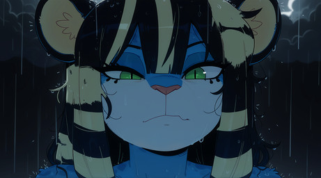 anthro black_hair blue_body blue_fur cloud cloudy dark_background female frown fur green_eyes hair long_hair looking_at_viewer messy_hair pupils raining slit_pupils solo wet wet_body wet_fur wet_hair white_hair ahogagu fortune_(whloffortune) felid mammal mythological_sphinx 2025 hi_res