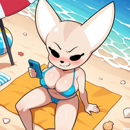 anthro beach beach_background beach_towel beach_umbrella big_breasts bikini blush breasts camel_toe cellphone clothed clothing female holding_object holding_phone huge_breasts navel outside phone sand sea seashell seaside shell smartphone smile smug solo swimwear topwear towel water boxen549 aggretsuko sanrio fenneko_(aggretsuko) canid canine fennec fox mammal