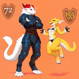 3_toes 4_fingers 4_toes 5_fingers annoyed anthro armor belt bikini_armor black_claws claws crossed_arms duo emanata eyes_closed feet female fingers fur happy heavy_armor horn jumping light_armor looking_at_another looking_at_partner male male/female medieval_armor metal_armor mythology neck_tuft number open_mouth open_smile orange_background plate_armor red_eyes red_horn shield shoulder_armor simple_background smile standing tail_tuft text toes tuft unconvincing_armor white_body white_claws white_fur yellow_body yellow_fur adragocult jaune_(adragocult) rubis_(adragocult) dragon furred_dragon furred_kobold furred_scalie hybrid kobold mythological_creature mythological_scalie scalie absurd_res hi_res