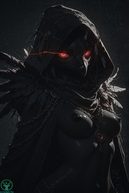 anthro beak black_background black_body black_nipples breasts chain cloak clothing eye_trail eyelashes feathers female glowing glowing_eyes hair hood jewelry looking_at_viewer necklace nipples nude red_eyes simple_background solo upper_body lunaryth avian absurd_res hi_res watermark