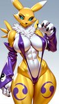 anthro black_sclera blue_eyes claws dipstick_ears female multicolored_ears small_waist solo tattoo thick_thighs wide_hips meltygarnet digimon_(species) renamon absurd_res hi_res