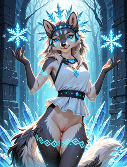 accessory anthro belt bottomless clothed clothing dress elemental_manipulation female genitals headband ice_manipulation looking_at_viewer pussy smile solo standing winter denis0k canid canine canis mammal wolf hi_res