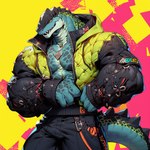 anthro bottomwear clothing denim denim_clothing jacket jeans jewelry male muscular necklace pants reptile scalie simple_background solo tail teeth topwear