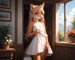 anthro bare_shoulders blonde_hair blush bottomwear clothed clothing clothing_lift dress female flat_chested fur green_eyes hair long_hair looking_at_viewer shy skirt skirt_lift solo solo_focus standing sundress white_clothing white_dress magacitl canid canine fox mammal animated webm