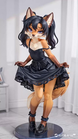 black_body black_bottomwear black_clothing black_footwear black_fur black_hair black_shoes black_skirt bottomwear breasts clothing footwear fox_ears fox_tail fur hair holding_bottomwear holding_clothing holding_object holding_skirt inside looking_at_viewer multicolored_body multicolored_fur orange_body orange_fur pose purple_eyes skirt small_breasts smile unknown_director canid canine fox mammal animated hi_res short_playtime webm