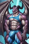 abs anthro big_bulge bottomwear bulge clothing dragon genitals horn male muscular muscular_anthro muscular_male pecs scales scalie solo spirit_shadow_(director) torn_clothing wings