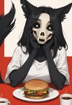 anthro beverage black_body black_fur black_hair black_sclera bone burger canine_ears coffee date dog_tail female food fur hair hand_on_cheek happy long_hair looking_at_viewer notched_ear scp_foundation skull skull_head smile solo white_eyes ratfucker_(director) scp-1471 scp-1471-a canid canine malo mammal tail hi_res