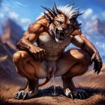 angry anthro anus bodily_fluids charr claws crouching denatural detailed felid female flat_chested fur genital_fluids genitals hi_res horn looking_at_viewer mammal mohawk muscular nipples nude peeing prompt pussy solo teeth urine