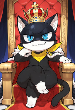 black_body blue_eyes chair crossed_legs crown fur furniture hand_on_cheek looking_at_viewer male maxoggami royal_cape scarf semi-anthro sitting smirking_at_viewer solo tail thick_thighs throne white_body white_fur yellow_scarf morgana_(persona) domestic_cat felid feline felis mammal hi_res