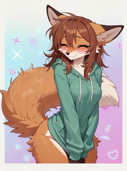 <3 abstract_background anthro breasts brown_eyes brown_hair clothing eyelashes fangs female front_view fur hair hands_between_legs hoodie looking_away looking_pleasured medium_breasts one_eye_closed orange_body orange_fur smile solo tail_up topwear tuft white_body wink myrlonel canid canine fox mammal animated webm