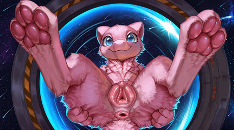 animal_genitalia animal_pussy anthro anus canine_genitalia canine_pussy female fur genitals looking_at_viewer neck_tuft pawpads pink_body pink_fur pussy smile smirk solo space star tuft crimson_fenrir_(director) nintendo pokemon legendary_pokemon mew pokemon_(species) hi_res