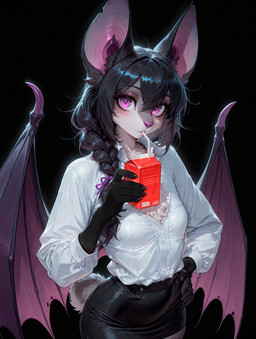 anthro bat_ears black_hair braided_hair clothing drinking drinking_straw female hair membrane_(anatomy) membranous_wings multicolored_body office_clothing purple_eyes scut_tail shirt short_tail solo standing topwear white_clothing white_shirt white_topwear wings loren_iipsum magna bat mammal hi_res