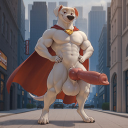 animal_genitalia animal_penis anthro balls big_balls big_penis black_nose canine_genitalia canine_penis cape city city_background claws clothing digitigrade fur genitals half-closed_eyes hands_on_hips huge_balls huge_penis knot looking_at_viewer male muscular muscular_anthro muscular_male narrowed_eyes outside penis pink_penis red_eyes solo street superhero toe_claws vein veiny_penis white_body white_fur gertgrg krypto_the_superdog canid canine canis domestic_dog mammal hi_res