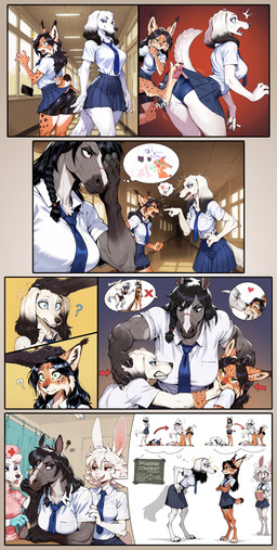 anthro argument bottomwear butt_slap clothing female food group head_grab headgear headwear inner_ear_fluff kick necktie nurse_clothing nurse_headwear nurse_outfit panties phone pictographics pleated_skirt popcorn prick_ears scar school_hallway school_uniform skirt slap trio tuft underwear uniform anonymous_director invoke_high canid canine equid equine felid feline lagomorph leporid mammal rabbit absurd_res hi_res