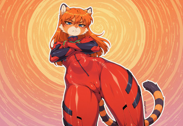 anthro blue_eyes blush blush_lines bodysuit breasts brown_body brown_fur camel_toe cheek_tuft clothing crossed_arms facial_tuft female frown frowning_at_viewer fur gloves hair handwear inner_ear_fluff long_hair looking_at_viewer looking_down looking_down_at_viewer markings medium_breasts multicolored_body orange_body orange_fur orange_hair red_bodysuit red_clothing red_gloves red_handwear serious skinsuit skintight_clothing small_waist solo striped_markings striped_tail stripes tail tail_markings thigh_gap tight_clothing tuft two_tone_body view_from_below wide_hips kingfurryai neon_genesis_evangelion asuka_langley_soryu domestic_cat felid feline felis mammal full-length_portrait hi_res portrait