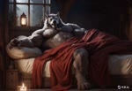 anthro bed furniture lamp lantern lying lying_on_bed male muscular on_bed red_blankets relaxing snow snowing solo joachim58 canid canine mammal were werecanid werecanine werewolf animated webm