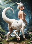 animal_genitalia animal_pussy breasts eyewear female fur genitals glasses hair horn looking_back nature nature_background paws pussy quadruped solo tail_up underpaw white_body white_fur white_hair glenkobold kobold mammal taur hi_res