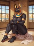 5_fingers 5_toes anklet anthro armlet barefoot bed_sheet bedding bedroom_eyes big_breasts black_body black_fur black_nose bracelet breasts claws clothing convenient_censorship detailed_background egyptian egyptian_clothing egyptian_headdress feet female fingers fur glistening glistening_body gold_(metal) gold_jewelry hand_on_knee hand_on_leg headgear humanoid_feet inside jewelry looking_at_viewer mostly_nude muscular muscular_anthro muscular_female narrowed_eyes pawpads paws plantigrade pyramid red_eyes seductive sitting sitting_on_ground smile smug soles solo toe_claws toes window anonymous_director anubian_jackal canid canine canis deity jackal mammal hi_res