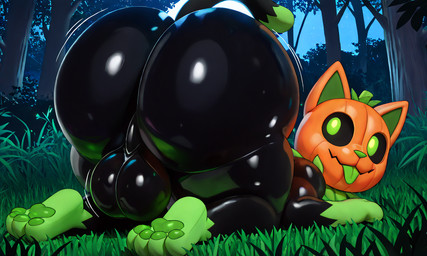 anthro ass_up balls big_balls big_butt black_body black_skin black_tail butt genitals glistening glistening_balls glistening_body glistening_butt glistening_genitalia grass green_eyes green_nose green_tongue huge_butt looking_up lying male night plant solo tongue tongue_out tree wide_hips dcx32 pumkat domestic_cat felid feline felis mammal